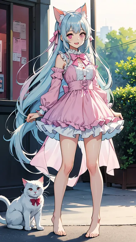 exquisite eyes，Full body image,a girl,Meet,bare legs，barefoot，Watercolor style，cat style,Public area display,Long silver hair,light blue hair,light pink hairstyle，Cat ears，pink eyes，lolita whore，white half，pink bow,Open your mouth and smile,ligation bracel...