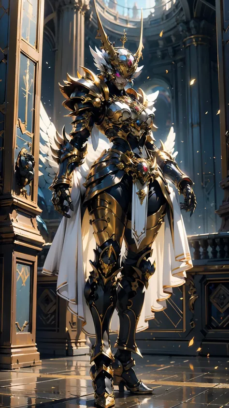 A woman adorned in fantasy-style full-body armor, a crown-concept fully enclosed helmet that unveils only her eyes, a composite layered chest plate, fully encompassing shoulder and hand guards, a lightweight waist armor, form-fitting shin guards, the overa...