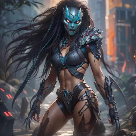 1 female alien, The predator, warrior, (extremely beautiful:1.2), (intense gaze:1.6), (predator:1.6), long dark claws, NSFW,  nipples, thick eyebrows, glowing and shining blue eyes, the most beautiful face in the universe, ((There is a female genital-like ...