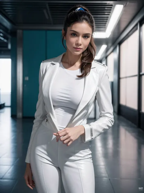 from below, full body shot of a gorgeous brunette woman black ponytail hair, age 23, nice hair style, she's a men magazine model...