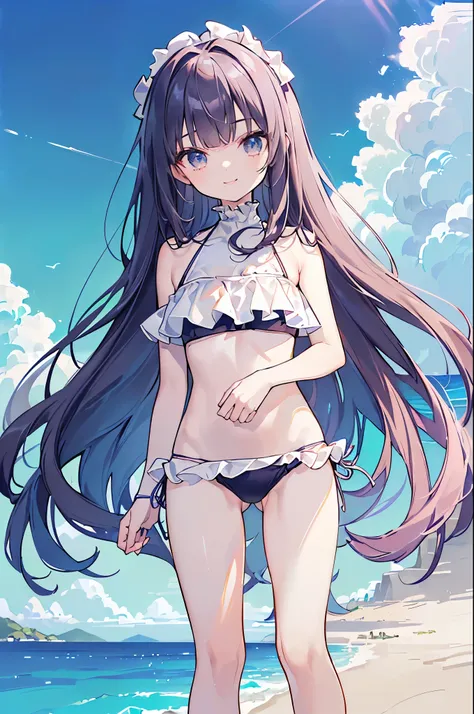 ((master piece、8k、highest quality、perfect fingers: 1.3、perfect anatomy: 1.3、background blur))、(16 years old: 1.6)、(straight long hair 、ruffle high neck bikini、Slender beautiful girl: 1.7)、(Landscape、standing position、wide shot、best smile:1.4)、(sea bathing、...