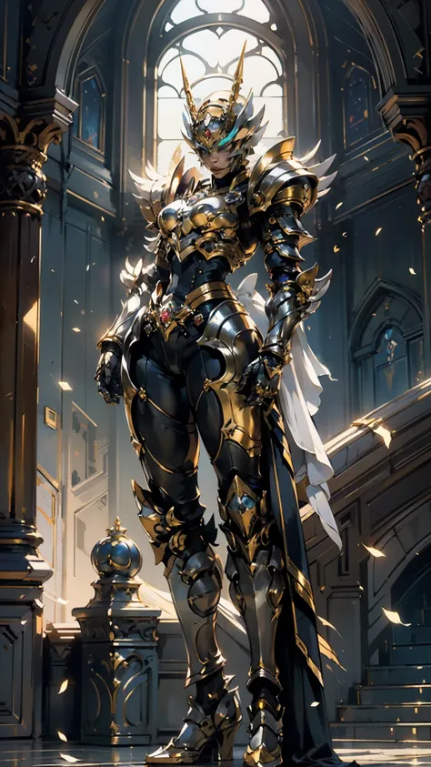 A woman adorned in fantasy-style full-body armor, a crown-concept fully enclosed helmet that unveils only her eyes, a composite layered chest plate, fully encompassing shoulder and hand guards, a lightweight waist armor, form-fitting shin guards, the overa...