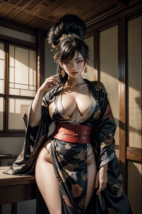 Umalinda warrior sexy, pretty face, Delicious Company, Alluring figure, Wearing a sexy open kimono. The artwork is created in a medium reminiscent of Japanese ink paintings....., 具有大胆的笔触和Monochromatic color palette. artist&#39;Masterful technique reveals t...