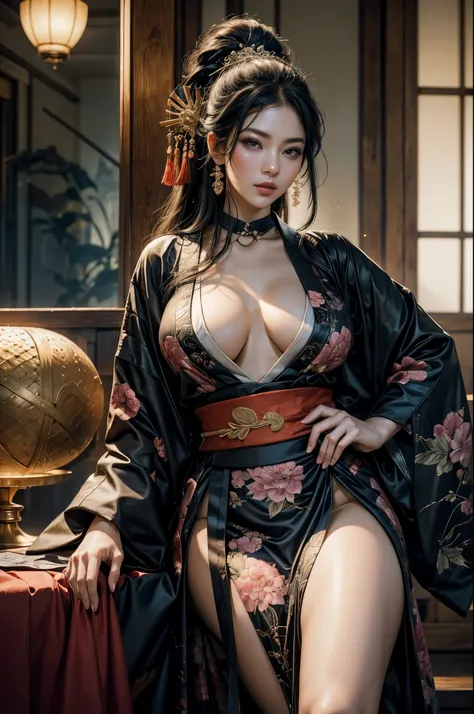 Umalinda warrior sexy, pretty face, Delicious Company, Alluring figure, Wearing a sexy open kimono. The artwork is created in a medium reminiscent of Japanese ink paintings....., 具有大胆的笔触和Monochromatic color palette. artist&#39;Masterful technique reveals t...