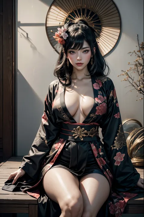 Umalinda warrior sexy, pretty face, Delicious Company, Alluring figure, Wearing a sexy open kimono. The artwork is created in a medium reminiscent of Japanese ink paintings....., 具有大胆的笔触和Monochromatic color palette. artist&#39;Masterful technique reveals t...