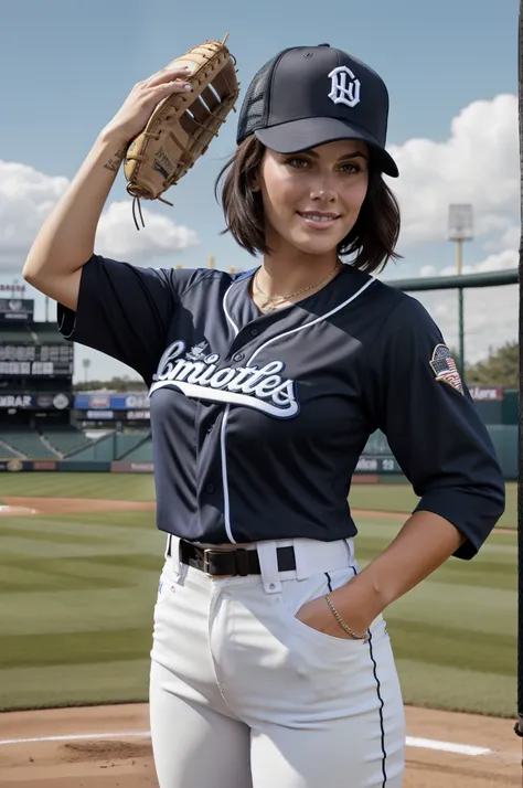 beautiful woman, baseball uniform, solo, baseball mitt, baseball cap, hat, baseball, sky, sportswear, cloud, black hair, blue sk...