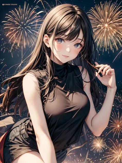 highest quality、complete limbs、Refers to the whole、1 beautiful woman、beautiful big breasted woman:1.3、brown haired woman、big smile、middle parted hairstyle:1.3、straight hair woman、(((black high neck sleeveless top:1.3)))、white shorts、((firework会場))、riverbed...