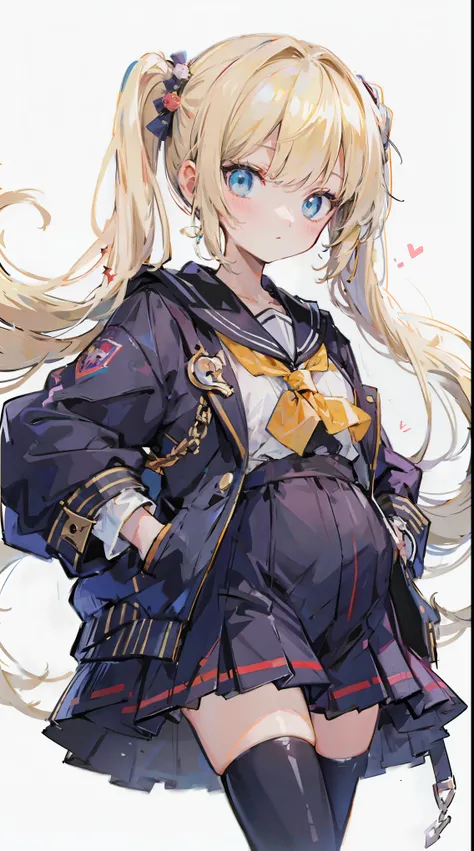 masterpiece, best quality,pregnant junior high school girl、(1girl,solo)、
blonde hair,twintails hairstyle、Scrunchie decoration on hair、Confident face、
(matanity long onepiece,ridge knitting)、
school blazer jacket with sailor collar、
open jacker、Thighhighs o...