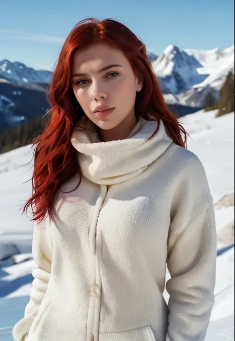 Scarlett Johansson, ((intense and detailed skin)), ((vibrant red hair)), stunning portrait, best quality, high quality, realistic, masterpiece, majestic snowy mountains, snow-covered peaks, crisp white landscape, winter wonderland, frozen beauty, icy surro...