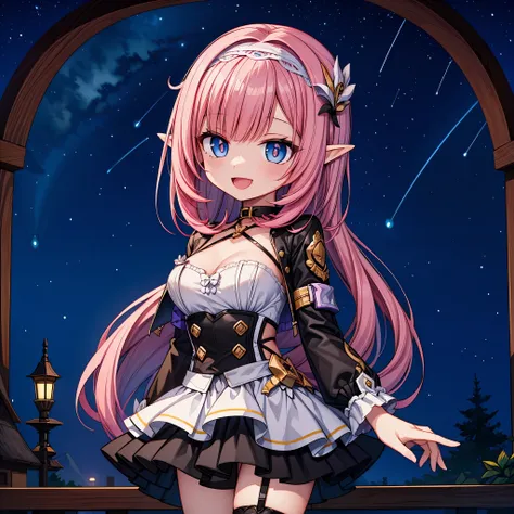 a girl,best picture quality,Long pink hair,short jacket,lace headband,short skirt,with a smile,Blue-pink pupils,Elf-like ears,Collapse(series),High in the mountains,under the stars,best quality,wave,for the audience,Vivid pupils,Bangs,Chest:d,white garters