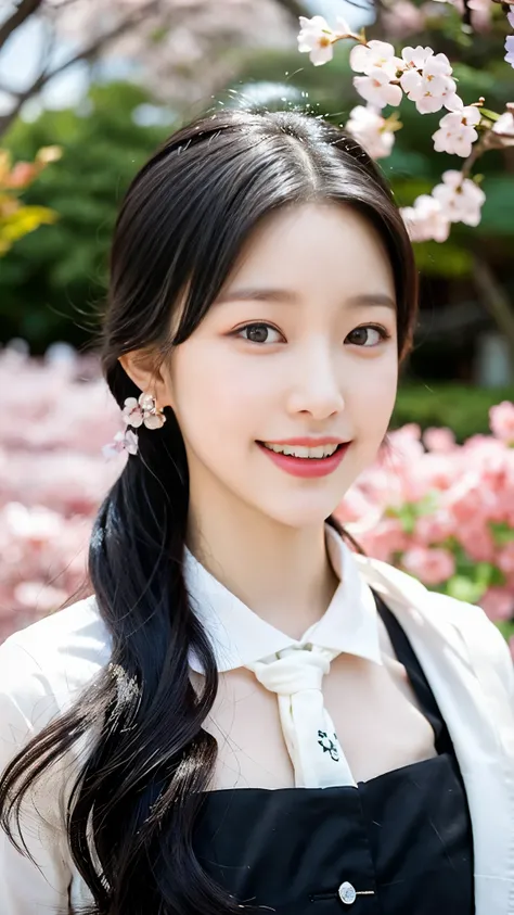 1 korean girl , tie one&#39;s hair up , black hair ,Wearing traditional Korean white cloth ,  Han bok , Standing next to the cherry blossom garden , autumn , cinematic light , ((bokeh)), rim light ,laugh,
 