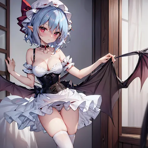 (solo Remilia toho character standing on the deck of mansion:1.3), (solo:1.2), skinny, a full moon, midnight, BREAK, short hair, collarbone, (emphasize small very perky breasts:1.3), (emphasize cleavage:1.2), (inconceivably thin narrow waist:1.3), (very sh...