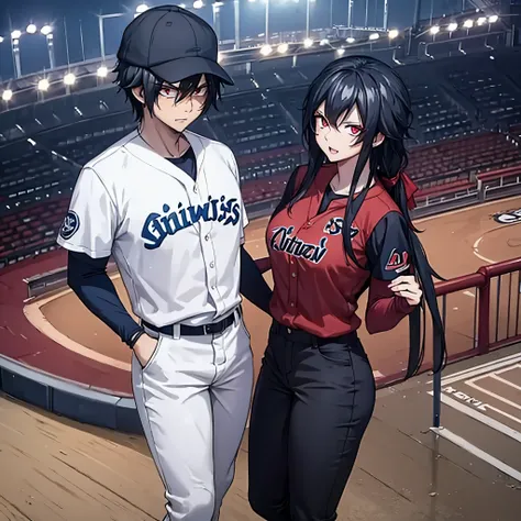 a man in a baseball uniform together with a woman (red eye) in a baseball stadium