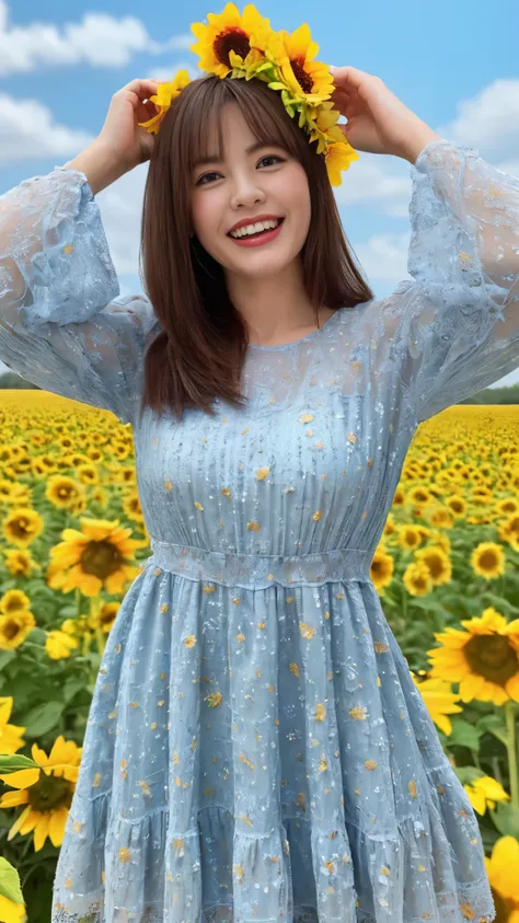 ((highest quality、8K、masterpiece:1.3))、sharp:1.2、perfect body beauty:1.4、slim abs:1.2、big、beautiful face、laughter、((casual dress:1.3))、(Sunflower field background:1.2)、straight hair、Highly detailed face and skin texture、detailed eye、Looking at the camera、P...