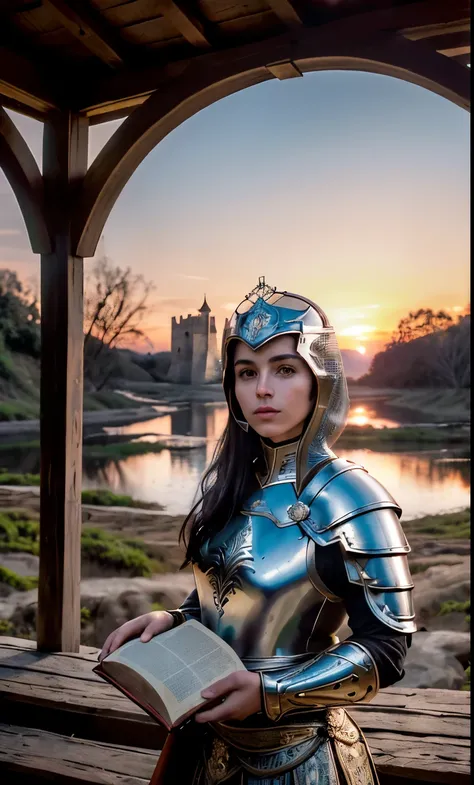 (obra de arte), (extremamente complexo:1.3), (Realista), retrato de uma , a mais bonita do mundo, (armadura medieval), metallic reflections, tronco, ao ar livre, luz solar intensa, castelo distante, fotografia profissional de uma mulher deslumbrante detalh...