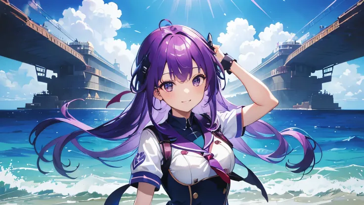 (T Masterpiece，4k wallpaper，best quality))、((girl１people))、(solo)、Shining and vivid，(purple hair)、(shortcut:1.3)、smile、Ocean、battleship、uniform