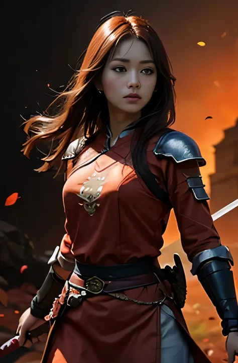 warrior、reddish orange clothes、sword、pocket、Beautiful woman