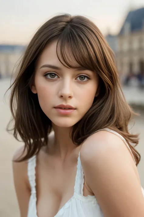 Portrait of a brunette woman in France, clear facial features, cinematographic, Lente de 35 mm, f/1.8, accent lighting, global lighting --uplight --v 4