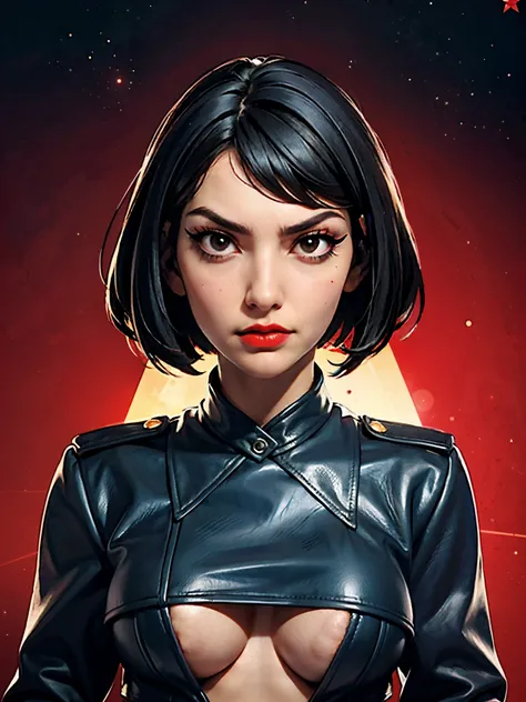 one girl, bust close up, soviet union, black hair, bob cut, black eyes, red background, proud stance, space thriller movie poster, abstracted, constructivism, red star, communism, serious face, makeup, red lipstick, (exposed breasts:1.3), leather jacket