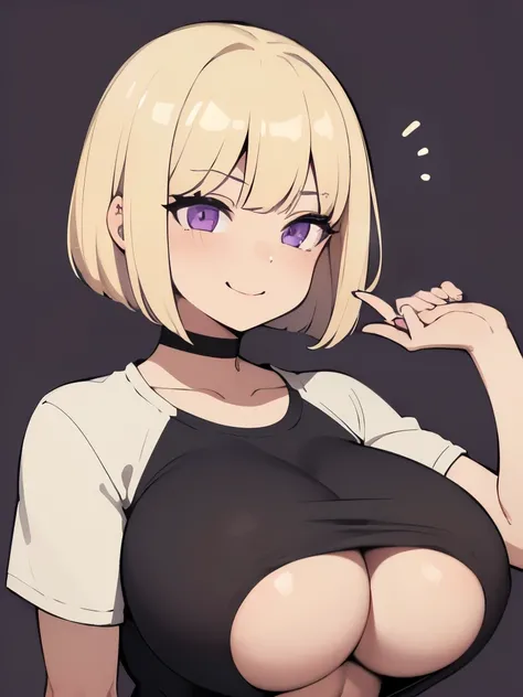 1 girl,blonde hair,medium bob,Patsun bangs,purple eyes,shaped pupils,big breasts,big breasts,firm chest,cute,smile,heavy breathing,trembling,Plain T-shirt that emphasizes the chest,cafe background