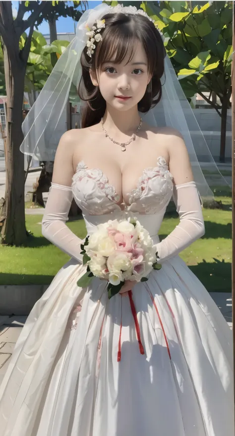 (((Pixel perfect, Perfect details))), alone, 1 girl, yuigahama yui, Close-up of beautiful bride wearing beautiful wedding dress,Gurwitz, (bridal veil:1.5),(transparent short veil:1.5),blush,eye shadow,Blushing face,Head flower,headgear,bouquet,(tube top w...