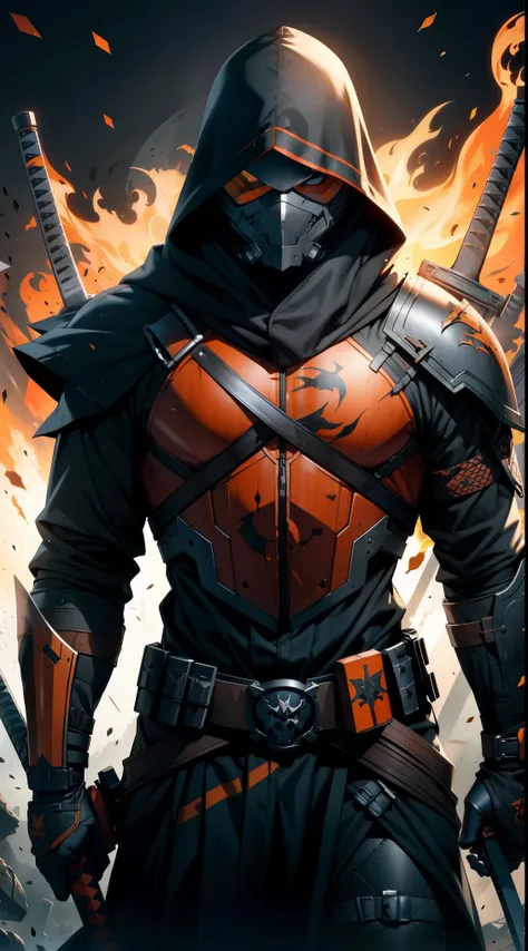 1 Man, deathstroke, comic book character, david finch, some orange and black, textless, cover shot, sword on back, sword, weapon, skull mask, ate/stay background, 1man, medieval, assassin creed armour, skull_masked, cyborg, explosion, high_res, photorealis...