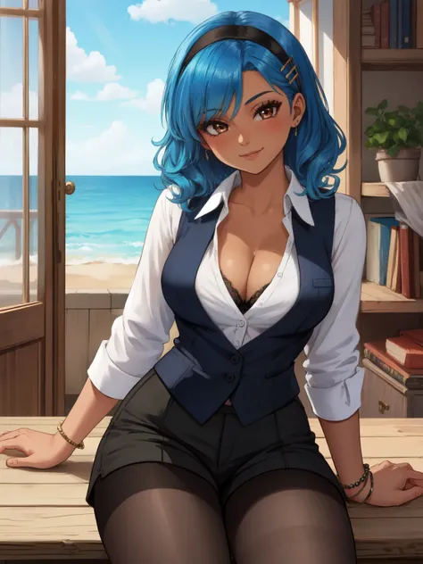 masterpiece, best quality, illustration, beautiful detailed, 1girl with blue hair and brown eyes, tanned skin, dark skin, hispanic, wavy hair, medium hair, hairclips, hairband, medium breasts, cleavage, (bra:0.9), white buttoned shirt, black shorts, waistc...