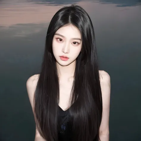 黑色long hair的阿拉法德女人站在水体前, long thin black hair, long free black straight hair, blackpink josie&#39;s portrait, inspired by yanjun...