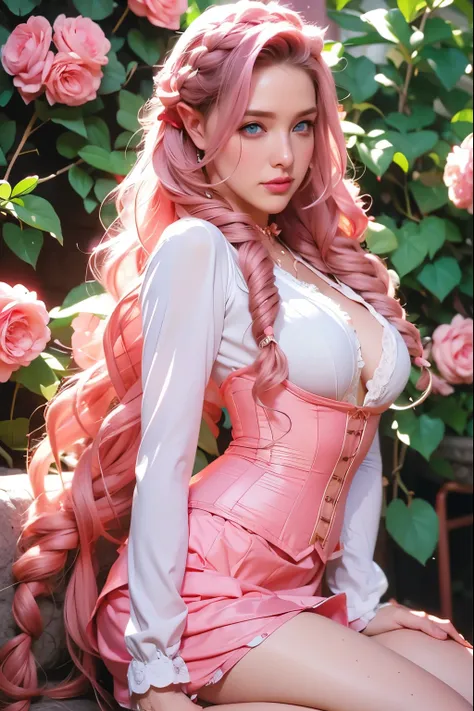 Woman, long curly hair, pink hair, braided hair, corset outfit, short skirt, sexy,Flowers around , Blue eyes, highlighted eyes , Elf ear, elf 