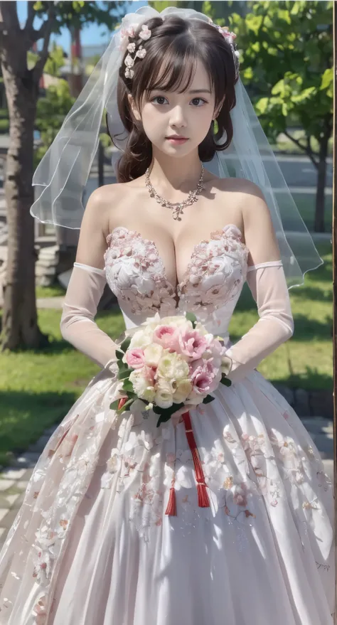 (((Pixel perfect, Perfect details))), alone, 1 girl, yuigahama yui, Close-up of beautiful bride wearing beautiful wedding dress,Gurwitz, (bridal veil:1.5),(transparent short veil:1.5),blush,eye shadow,Blushing face,Head flower,headgear,bouquet,(tube top w...