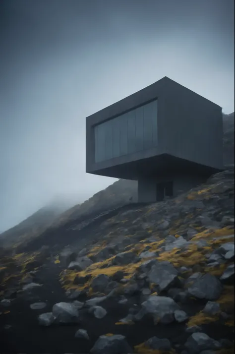 ultra wide angke cinematic photo of a mesmerically moody dark and gloomy massively monolithic scandinavian minimalism brutalist ...