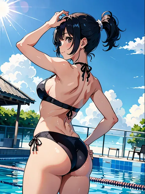 masterpiece、super high quality、super detailed、perfect picture、alone、with a girl、ponytail、((maikurobikini))、(high leg cut:1.5))、(round and big butt)、((Pose with butt sticking out))、(((bulging bust top)))、blush:(0.2)、Sweat、(black skin:1.3)、(cute smile)、18-ye...