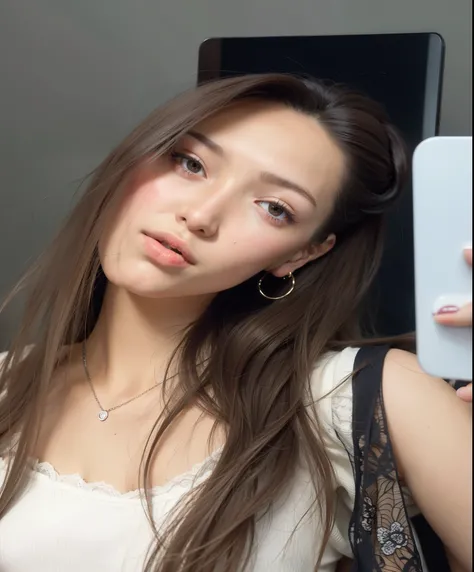 Arafed woman taking a selfie with her phone in front of a mirror, 18 years,, 21 years, 22 years, 23 years, 16 years old, bella poarch, anna nikonova aka newmilky, 28 years old, 27 years old, 24 years old with the perfect face  