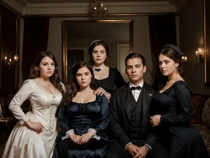 Family portrait of 4beautiful woman, 1chubby woman, 1man, 1girl , wearing full victorian suit and dress, elegant photography