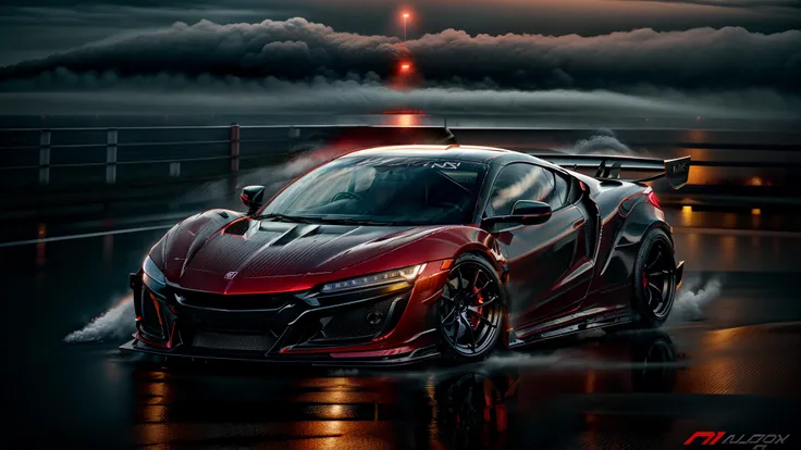 red sports car driving on a wet road with smoke coming out of it, honda nsx, automotive photography, vehicle photography, motors...