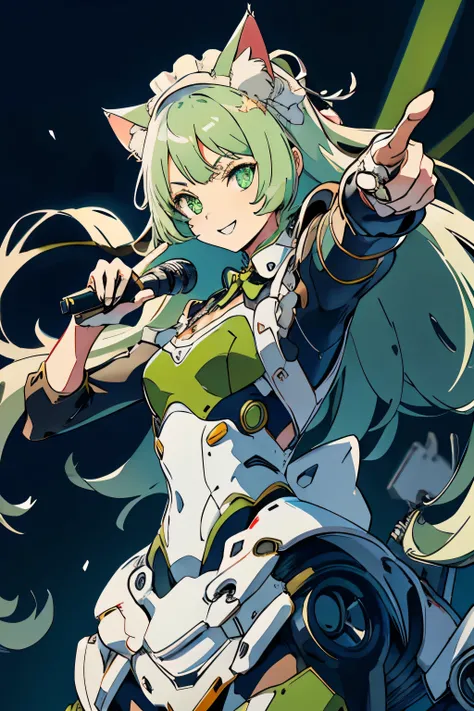 1 Cat-eared maid wearing a mecha suit, Slender fuselage,shining eyes, ((cool pointing pose)),((I have a karaoke microphone)),camouflage, green and white body,((cat ears long hair)),battlefield concept art ,ink art, flat color, high contrast, fashion absurd...