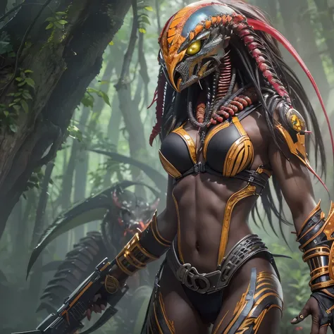 1 female alien, The predator, warrior, (extremely beautiful:1.2), (intense gaze:1.6), (predator:1.6), long dark claws, NSFW,  nipples, thick eyebrows, glowing and shining orange eyes, the most beautiful face in the universe, ((There is a female genital-lik...