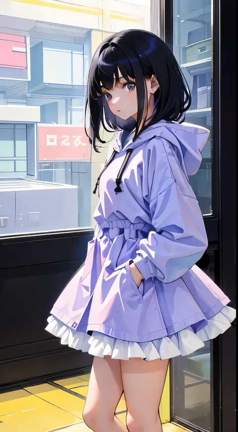 Looks sleepy，(short cute girl，small young student，young delicate girl）,（masterpiece，Top quality)，large pastel hoodie，fluffy skirt，ruffle skirt，long black hair