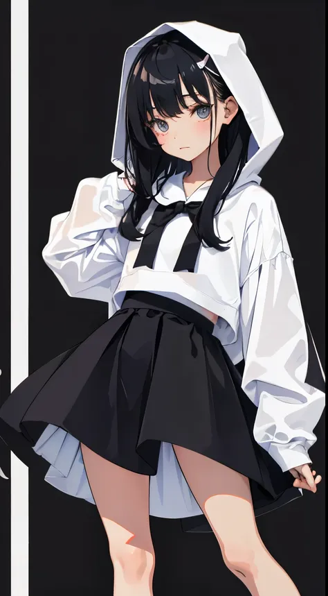 Looks sleepy，(short cute girl，small young student，young delicate girl）,（masterpiece，Top quality)，large pastel hoodie，fluffy skirt，ruffle skirt，long black hair