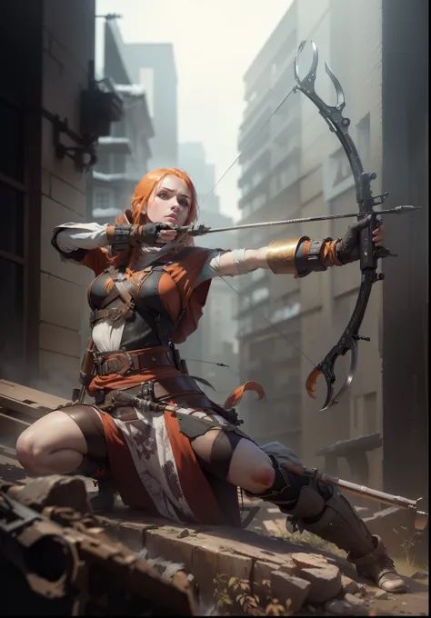 (best quality,4k,8k,highres,masterpiece:1.2),ultra-detailed,(realistic,photorealistic,photo-realistic:1.37), 1 girl, ice spice, orange hair, ready to fight, aiming a compound bow, purple and white mini skirt, intense expression, plain white background, col...