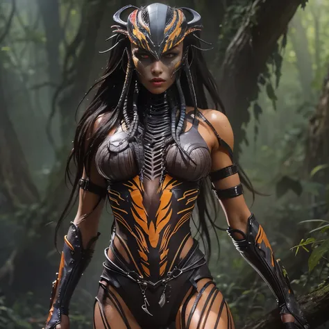 1 female alien, The predator, warrior, (extremely beautiful:1.2), (intense gaze:1.6), (predator:1.6), long dark claws, NSFW,  nipples, thick eyebrows, glowing and shining orange eyes, the most beautiful face in the universe, ((There is a female genital-lik...