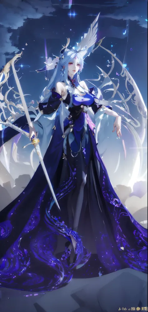 wearing a purple skirt、anime girl holding sword and hat, ((a beautiful fantasy empress)), full body xianxia, beautiful celestial...