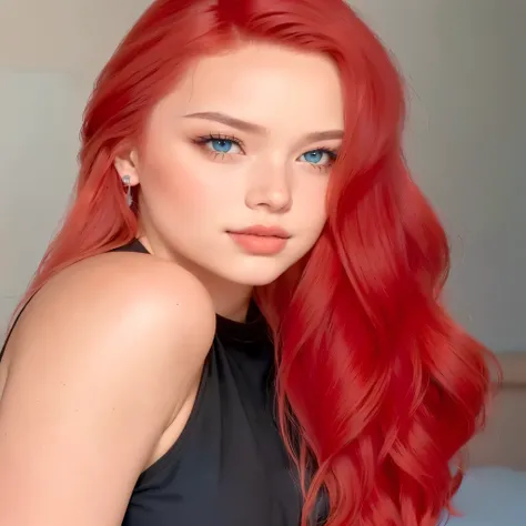 a close up of a woman with cabello rojo and blue eyes, dyed red hair, rojo fuego, with long cabello rojo, Piel de naranja y pelo largo y ardiente., with cabello rojo, color rojo, bright cabello rojo, fiery cabello rojo, peluca roja, pale red, wavy vibrant ...