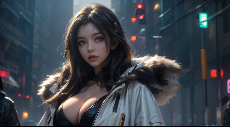 masterpiece，quality，Best quality，official art，（Beauty and Aesthetics：1.2），（masterpiece：1.3），city of the future，cyberpunk characters，a girl，fur coat，No underwear，Sexy figure，looking at camera，（Close-up cleavage：1.8），volumetric fog，snow，snow，drama，night，Chri...