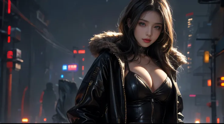 masterpiece，quality，Best quality，official art，（Beauty and Aesthetics：1.2），（masterpiece：1.3），city of the future，cyberpunk characters，a girl，fur coat，No underwear，Sexy figure，looking at camera，（Close-up cleavage：1.8），volumetric fog，snow，snow，drama，night，Chri...