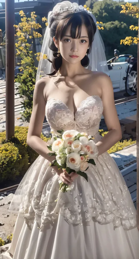 (((Pixel perfect, Perfect details))), alone, 1 girl, yuigahama yui,  Close-up of beautiful bride wearing beautiful wedding dress,Gurwitz, (bridal veil:1.5），（transparent short veil：1.5），blush，eye shadow，Blushing face，Head flower，headgear，bouquet，（tube top w...