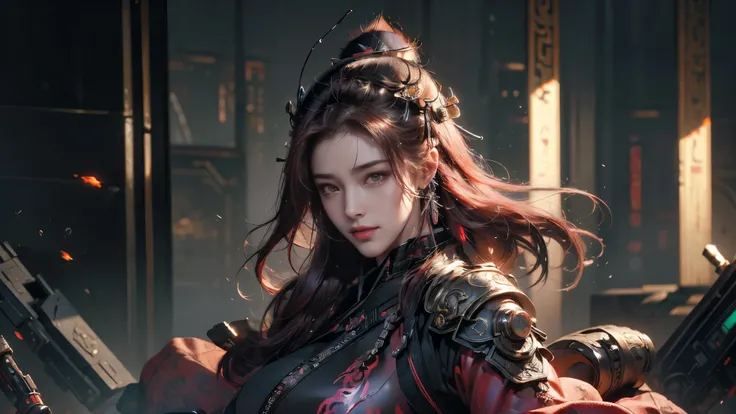 high quality,high resolution,masterpiece,8k,(Hyper-realistic photos),(portrait),digital photography,(Realism:1.4),20 year old girl,Exquisite facial features,purple eyes,red eye shadow,((Cyberpunk style Chinese warrior)),Random hairstyle,(red hair),big brea...