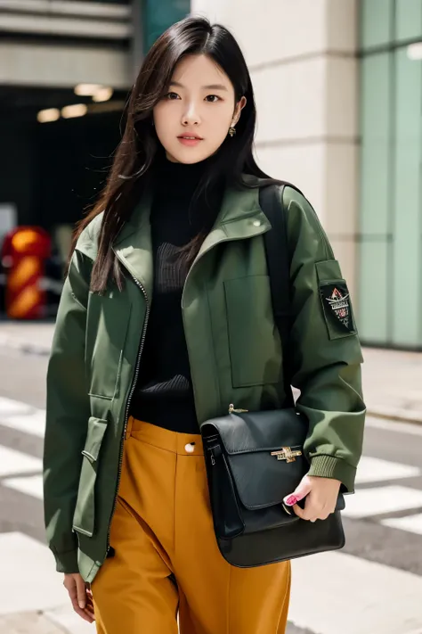 arafed woman in a jacket standing in a hallway, jacket, grey jacket, trench coat with many pockets, 2 techwear women, she is wearing streetwear, wearing jacket, short jacket, korean womens fashion model, photograph of a techwear woman, woman in streetwear,...