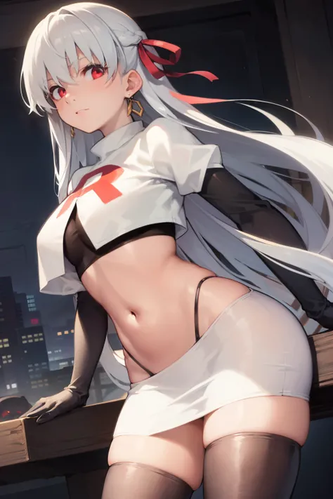 fgokama, kama, hair ribbon, (red eyes:1.5), red ribbon, ribbon, long hair, white hair,
BREAK earrings, jewelry, ring, team rocket,team rocket uniform,white skirt,red letter R,crop top,black thigh-highs,black elbow gloves
BREAK looking at viewer,
BREAK (mas...