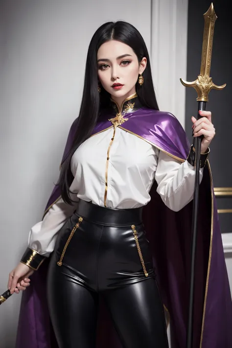 A beautiful, mature woman with a royal guard stance, a pale face with black lipstick, deep purple eyes, and long, straight dark hair. She wears a white blouse, black pants with vertical gold stripes, long boots, and a white cape, hand on the sword hilt.